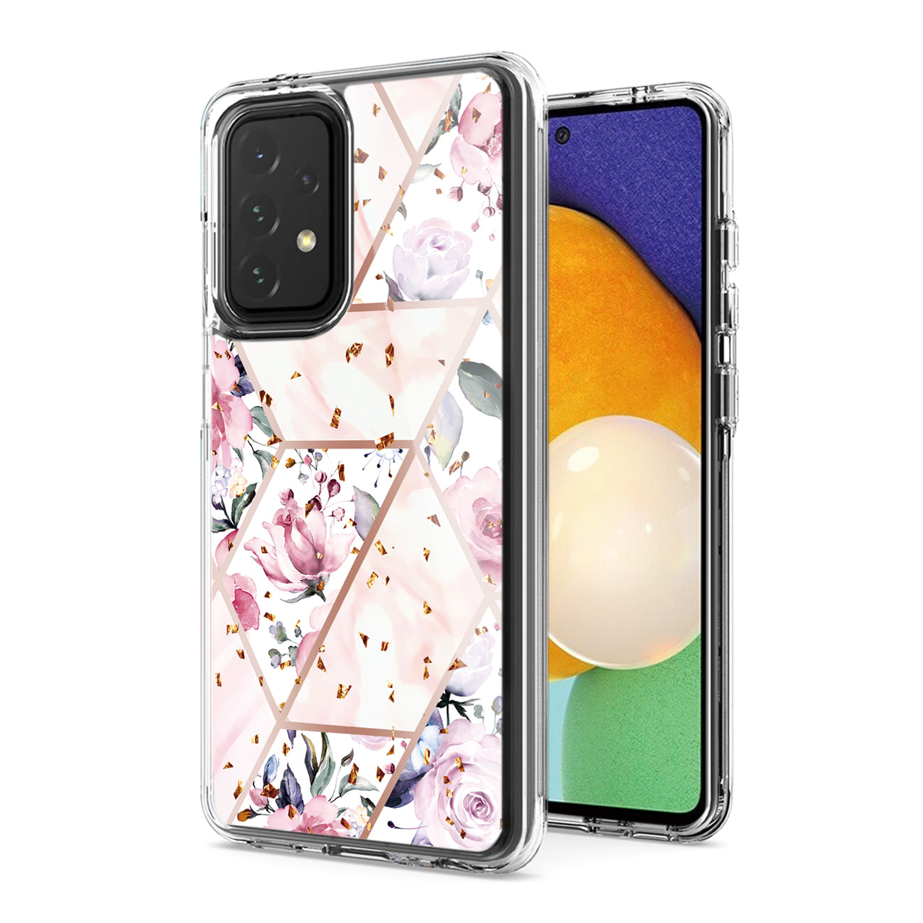 Flower Design Pattern Printing Dual Layer Hybrid Hard Plastic and Soft TPU Rubber Case Cover for SAMSUNG GALAXY A52 5G In Pink Base Flower